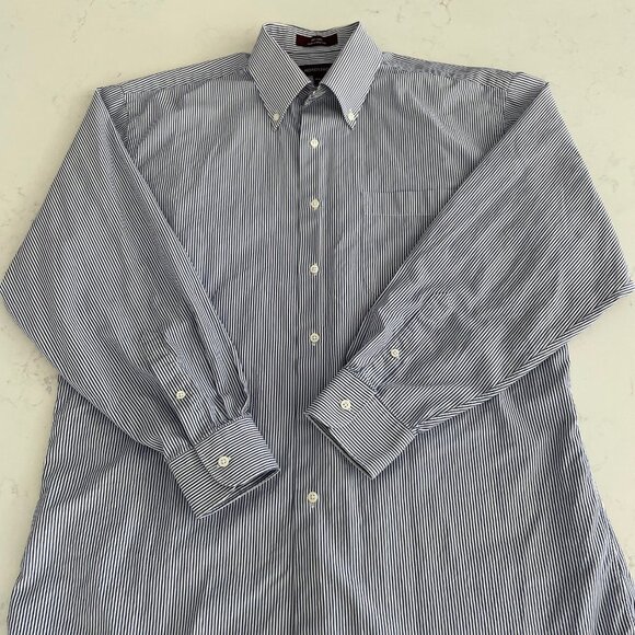 Nordstrom Lg Slv Button Down Oxford Collar Striped Cotton Shirt Blue+Wht Sz 15.5 - Picture 2 of 13